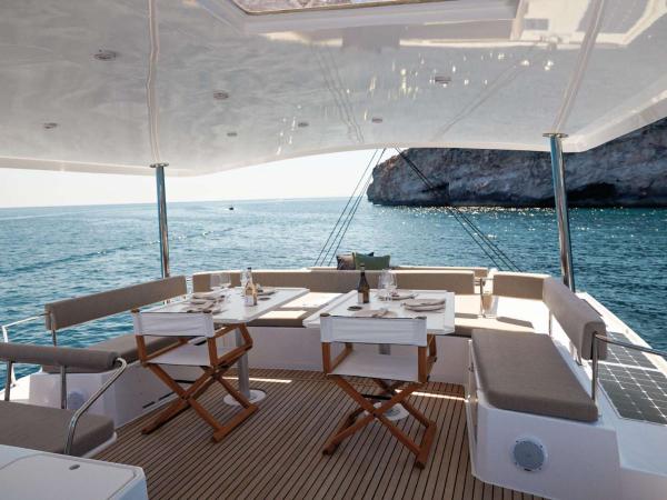 Outside dining area on Lagoon 42 catamaran in Greece