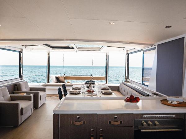 Inside dining area on cabin charter holiday in the Caribbean, British Virgin Islands