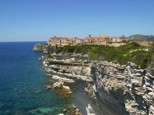 Bonifacio perched on the clifftop surrounded by sea, Corsica