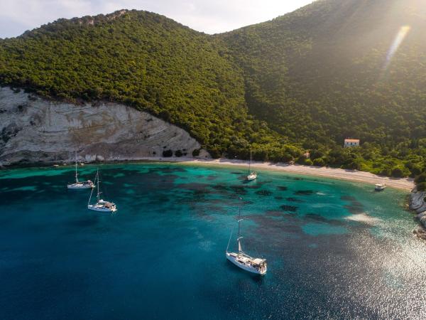 Yachts anchored in One House Bay, Atokos Island, Greece