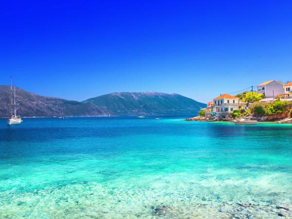 yacht anchored in beautiful Fiskardo, Kefalonia, Greek Ionian Islands