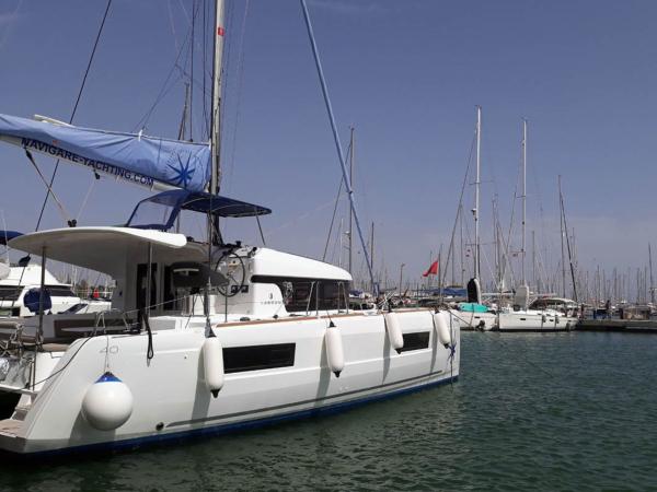 Exterior view of Lagoon 40 Catamaran on crewed cabin charter holiday in Mallorca