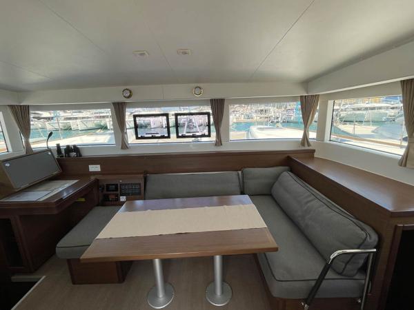 Inside dining area on Lagoon 40 catamaran cabin charter sailing holiday in Mallorca Balearic Islands