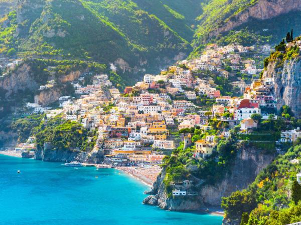 Houses built into the mountains of the Amalfi Coast at Positano.