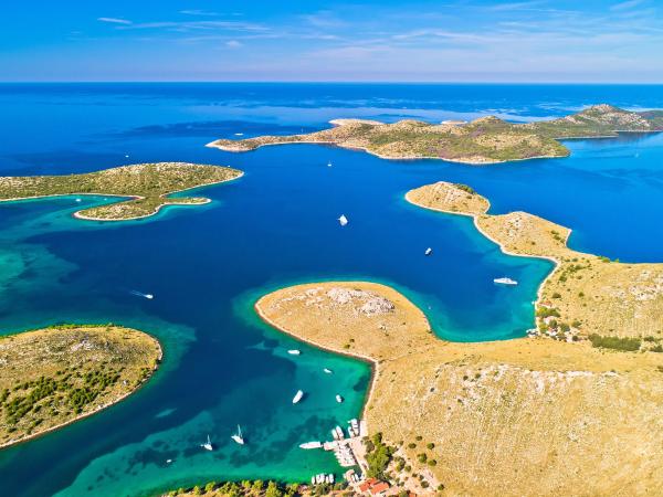 Aerial view of yachts sailing in the Kornati National Park