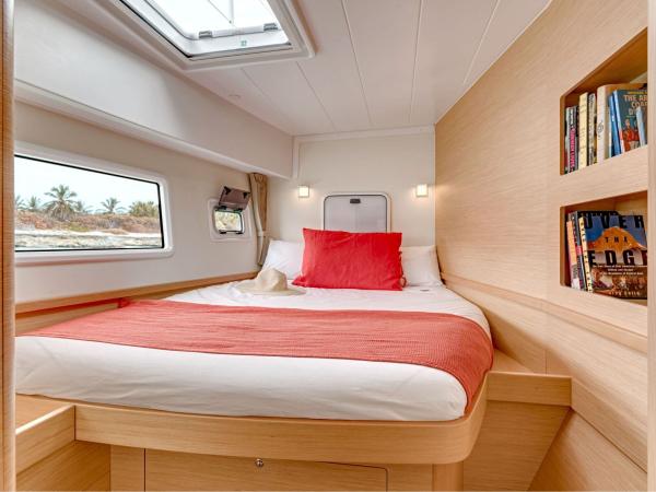 Front cabin on Lagoon 42 catamaran wellness sailing holiday in Sardinia and Corsica