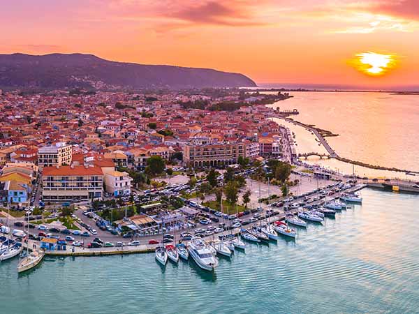 Lefkas (Lefkada) town, amazing aerial view at sunset, Greece