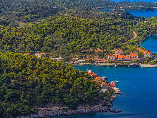 Aerial helicopter shoot of National park on island Mljet, village Pomena, Dubrovnik archipelago, Croatia. The oldest pine forest in Europe preserved.