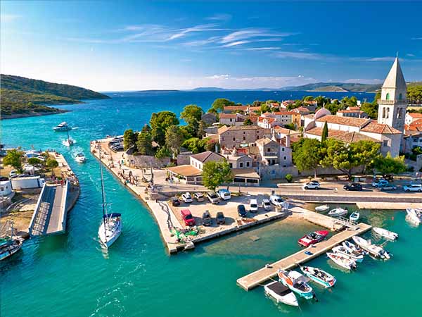 Town of Osor aerial view, bridge between Cres and Mali Losinj islands, Adriatic archipelago of Croatia